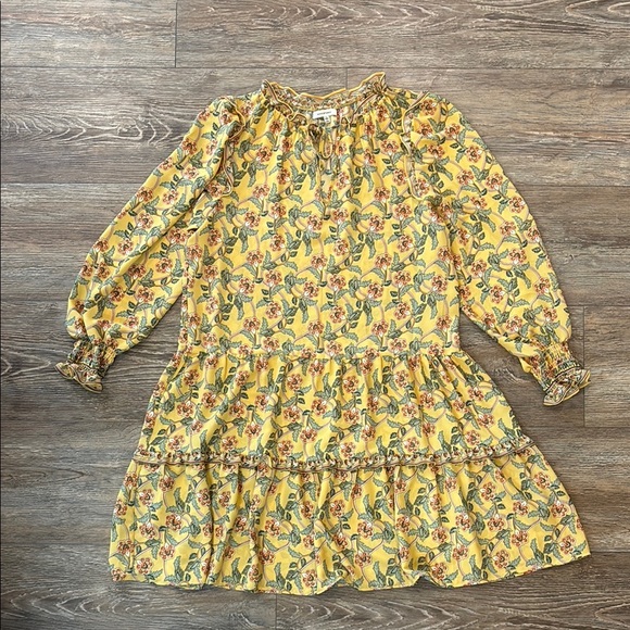 Max Studio Women's Size L Floral Tiered Ruffle Hem Long Sleeve Dress Yellow - Picture 1 of 10